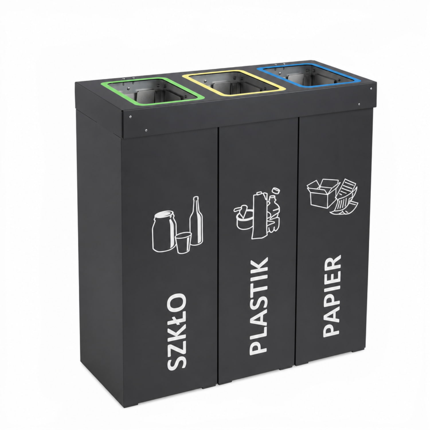 Kosz do segregacji odpadów DENEB 3 × 70 L w kolorze antracytowym na szkło, plastik i papier.